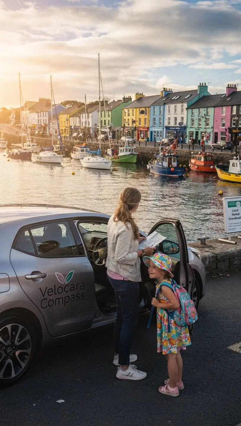 A diverse group of people comparing car rental prices on a laptop in a cozy Irish café.